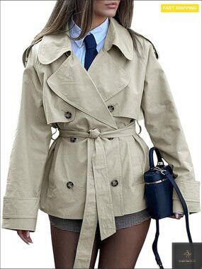Cropped Trench Coat Double Breasted Lapel Belted Chic Classic Fall Outerwear